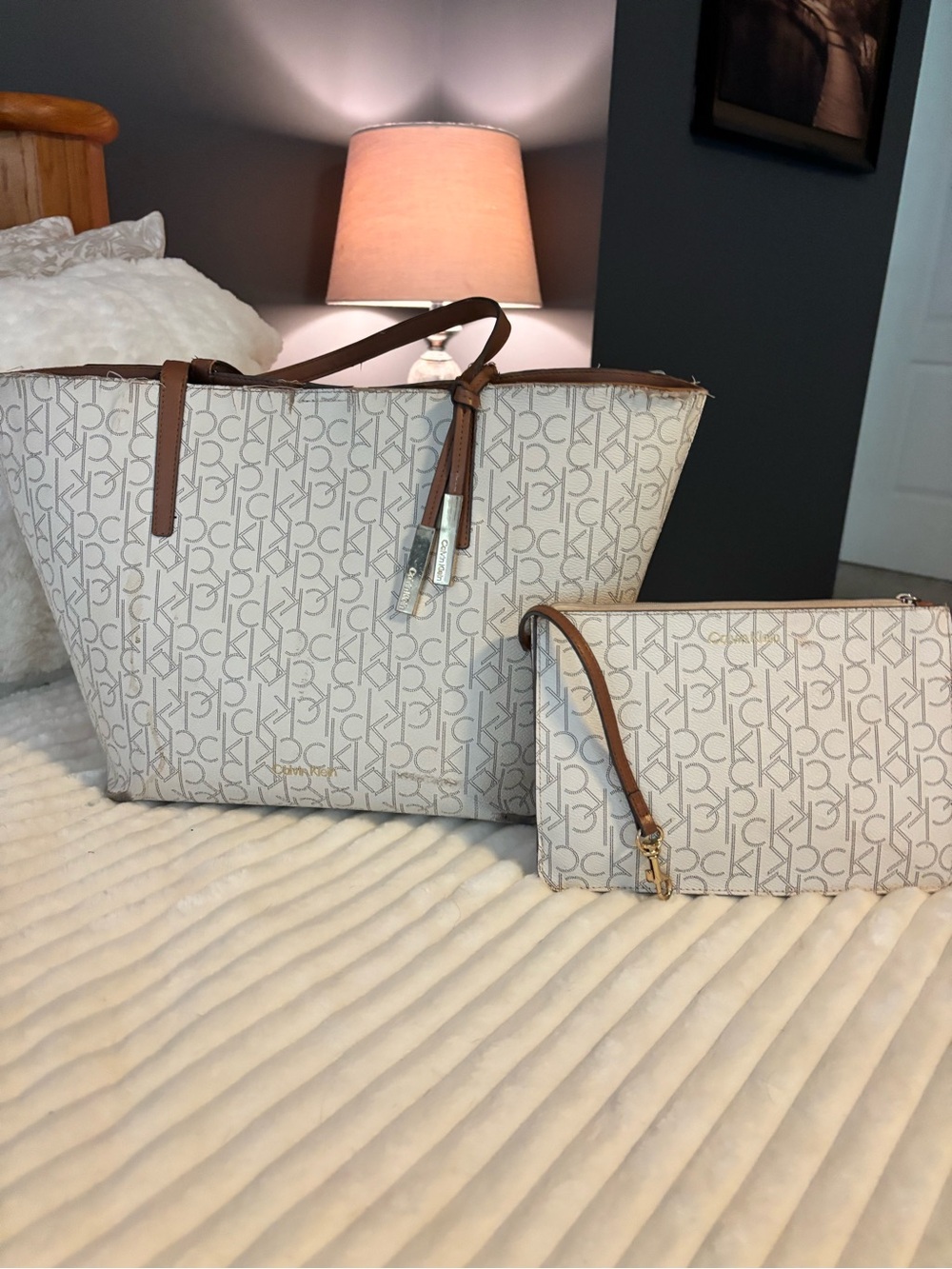 Calvin Klein Cream Monogram Tote with Wristlet